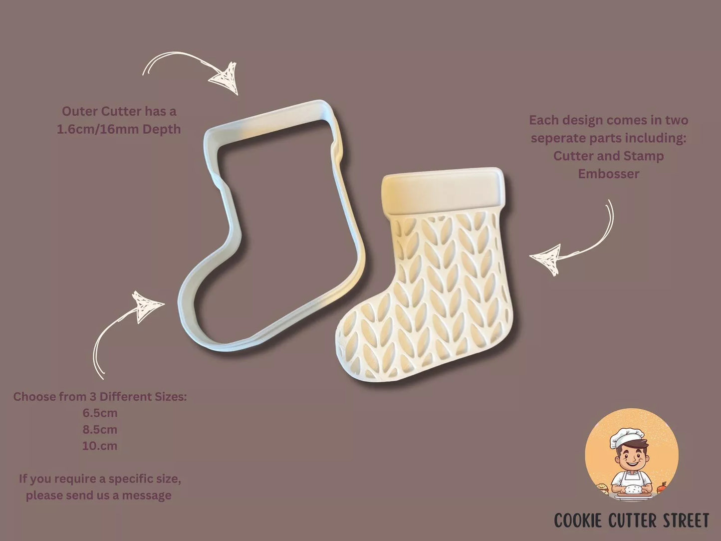 Whimsical Christmas Stocking Cutter & Icing Embosser For Cookies & Cupcake Toppers