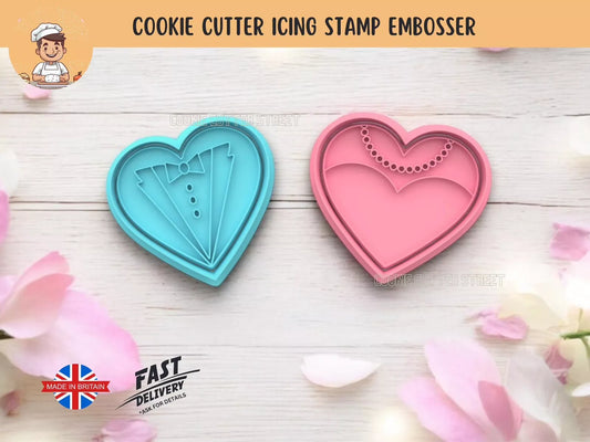 Bride & Groom Heart Cutters & Icing Embossers For Cookies & Cupcake Toppers