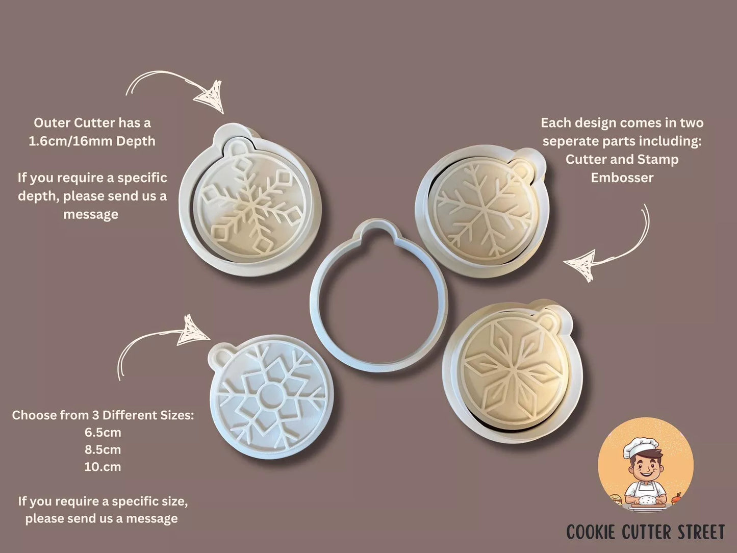 Set Of 4 Snowflake Christmas Bauble Cutters & Icing Embossers For Cookies & Cupcake Toppers