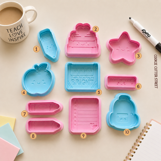 School and teacher-themed cookie cutter collection featuring pencils, apples, crayons, ruler, notebook and backpack designs for classroom and thank you teacher treats.