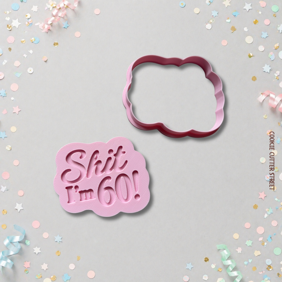 Cookie cutter with funny “I'm 60!' text on a gray background with confetti