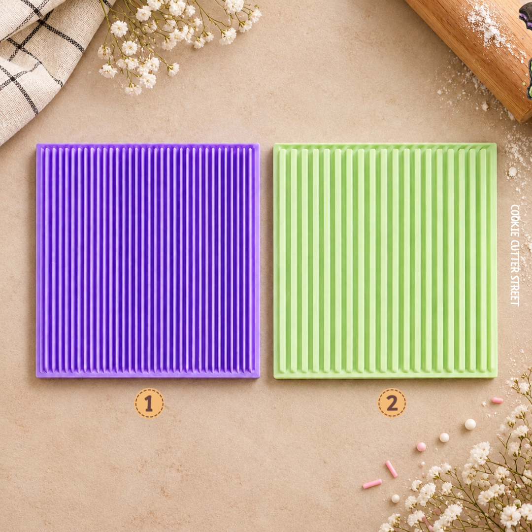 Fine and wide stripe texture imprint icing stamps for creating horizontal, vertical, diagonal and cross-cross patterns on fondant and cookies