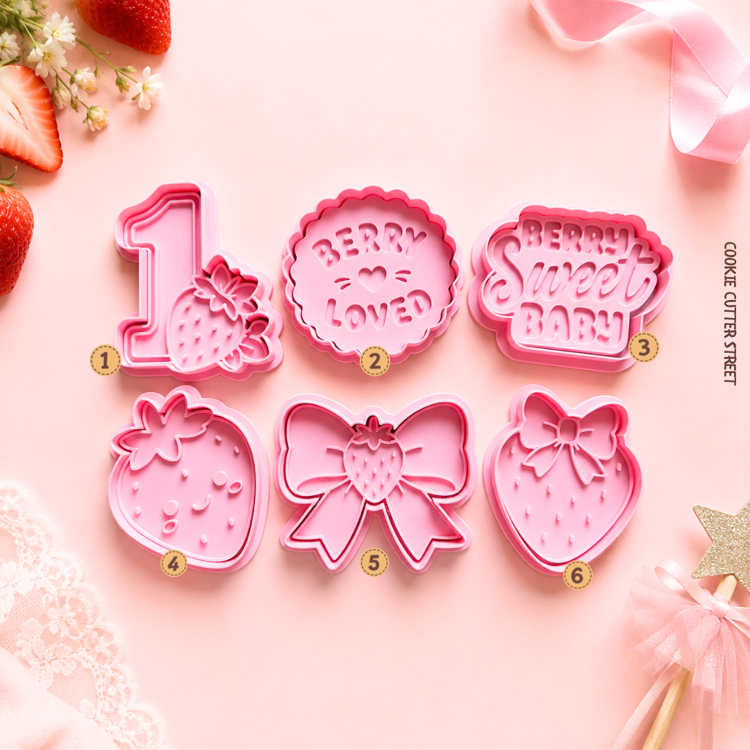 Sweet Berry 1st Birthday cookie stamps featuring strawberries, bows, Berry Loved and Berry Sweet Baby designs for birthdays and baby showers.