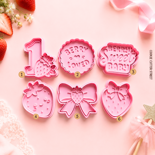 Sweet Berry 1st Birthday cookie stamps featuring strawberries, bows, Berry Loved and Berry Sweet Baby designs for birthdays and baby showers.