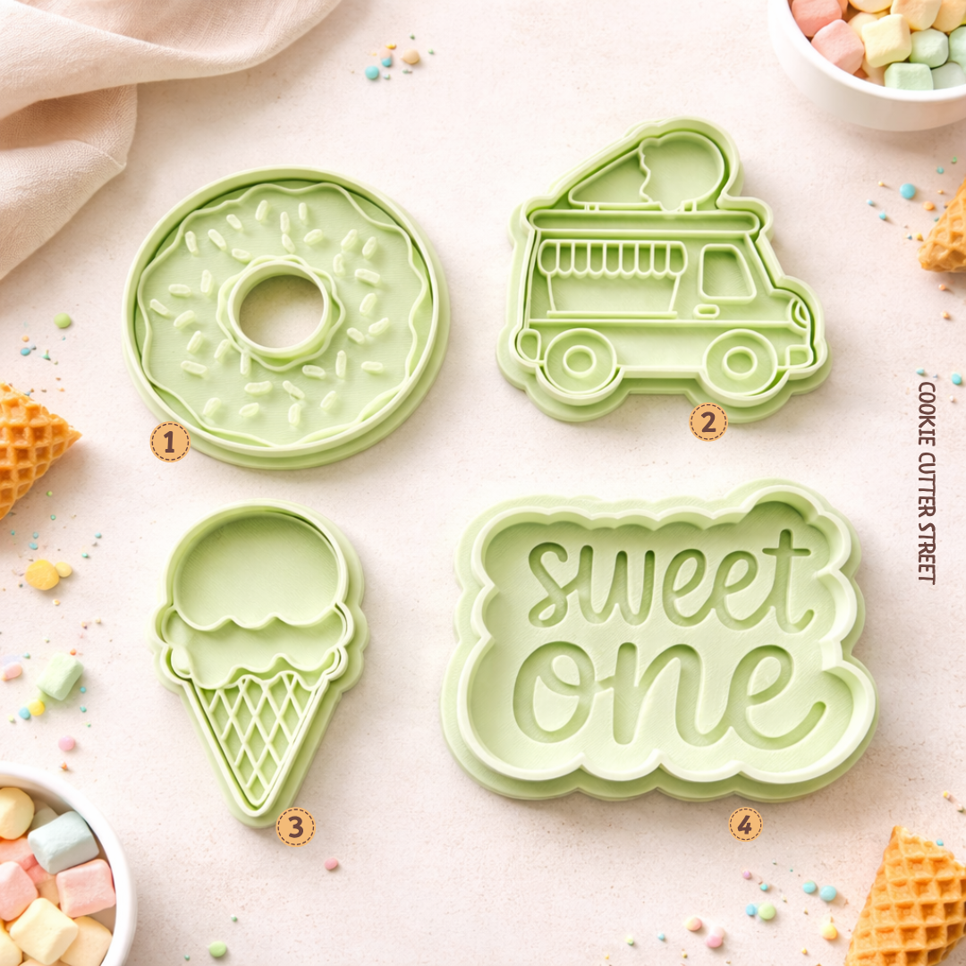 Set of four cookie stamps including donut, ice cream cone, ice cream van imprint designs and a raised “Sweet One” embosser for fondant and biscuits.