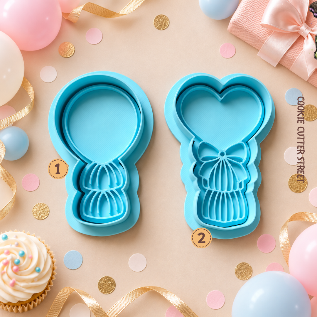 Balloon with tassels icing stamps and matching cookie cutters featuring round and heart-shaped balloon imprint designs for celebration biscuits.