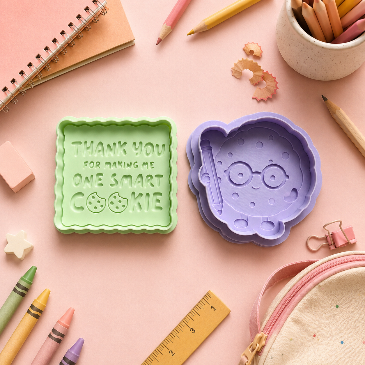 Teacher appreciation cookie cutter set featuring a smart cookie character and thank you teacher message plaque for classroom gifts and end-of-year treats.