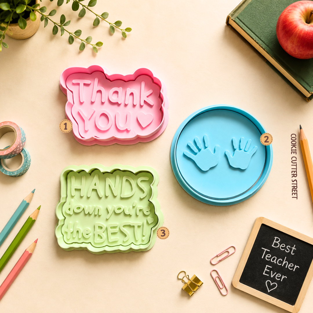 Teacher appreciation cookie cutter and imprint stamp collection featuring Thank You, Helping Hands and Hands Down You’re The Best designs.
