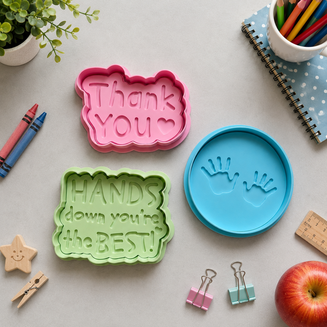 Teacher appreciation cookie cutter and raised popout stamp collection featuring Thank You, Helping Hands and Hands Down You’re The Best designs.