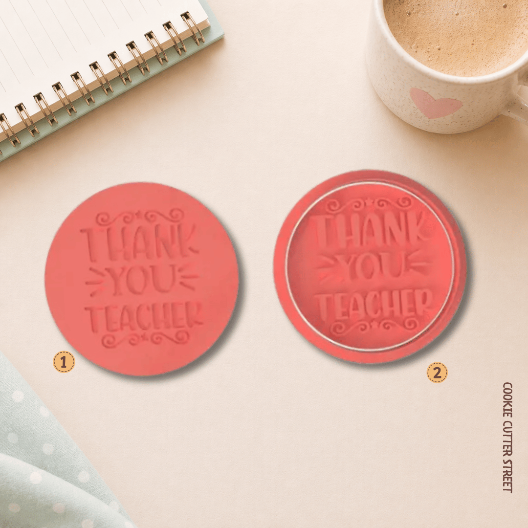 Thank you teacher cookie stamp and cutter set with raised and imprint effect designs, ideal for teacher appreciation cookies and school gifts.