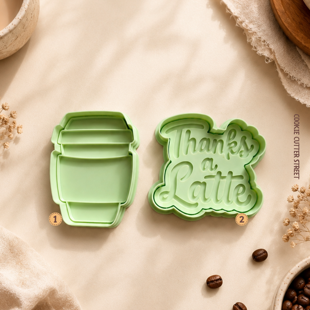 Coffee cup cookie cutter and Thanks a Latte message stamp set, perfect for teacher appreciation gifts, coffee lovers and thank you cookies.