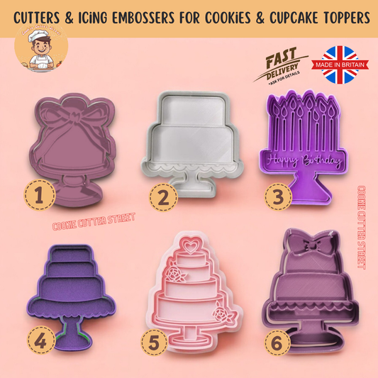 Set of Tiered Cake Cookie Cutters featuring 6 unique designs, including a classic wedding cake, floral cake, minimalist cake, birthday cake with candles, dripping icing cake, and celebration cake with bow. Perfect for weddings, birthdays, and anniversaries