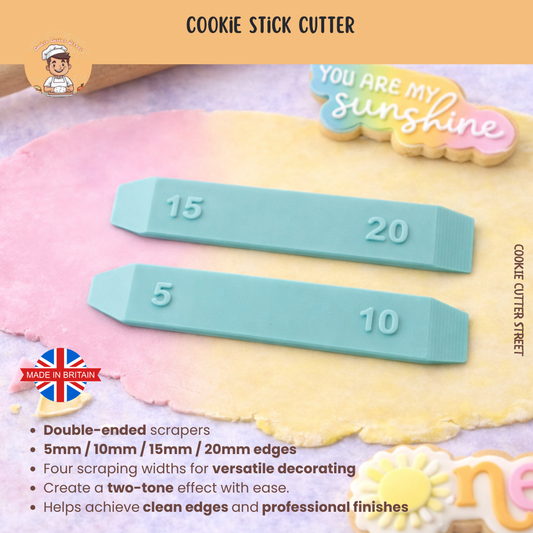 Double-ended two-tone icing scraper tools featuring 5mm, 10mm, 15mm and 20mm scraping edges for precise royal icing cookie decorating.