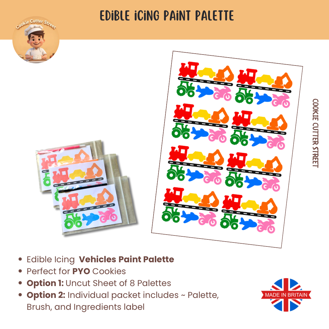 Vehicles edible icing paint palettes for PYO cookies featuring colourful trains, cars, diggers, tractors, aeroplanes and motorbikes. Available as an uncut sheet of 8 palettes or individually packaged with a paintbrush and ingredients label. Perfect for transport-themed birthday cookies, construction party decorating kits, children's activities and baking businesses. Made in the UK by Cookie Cutter Street.