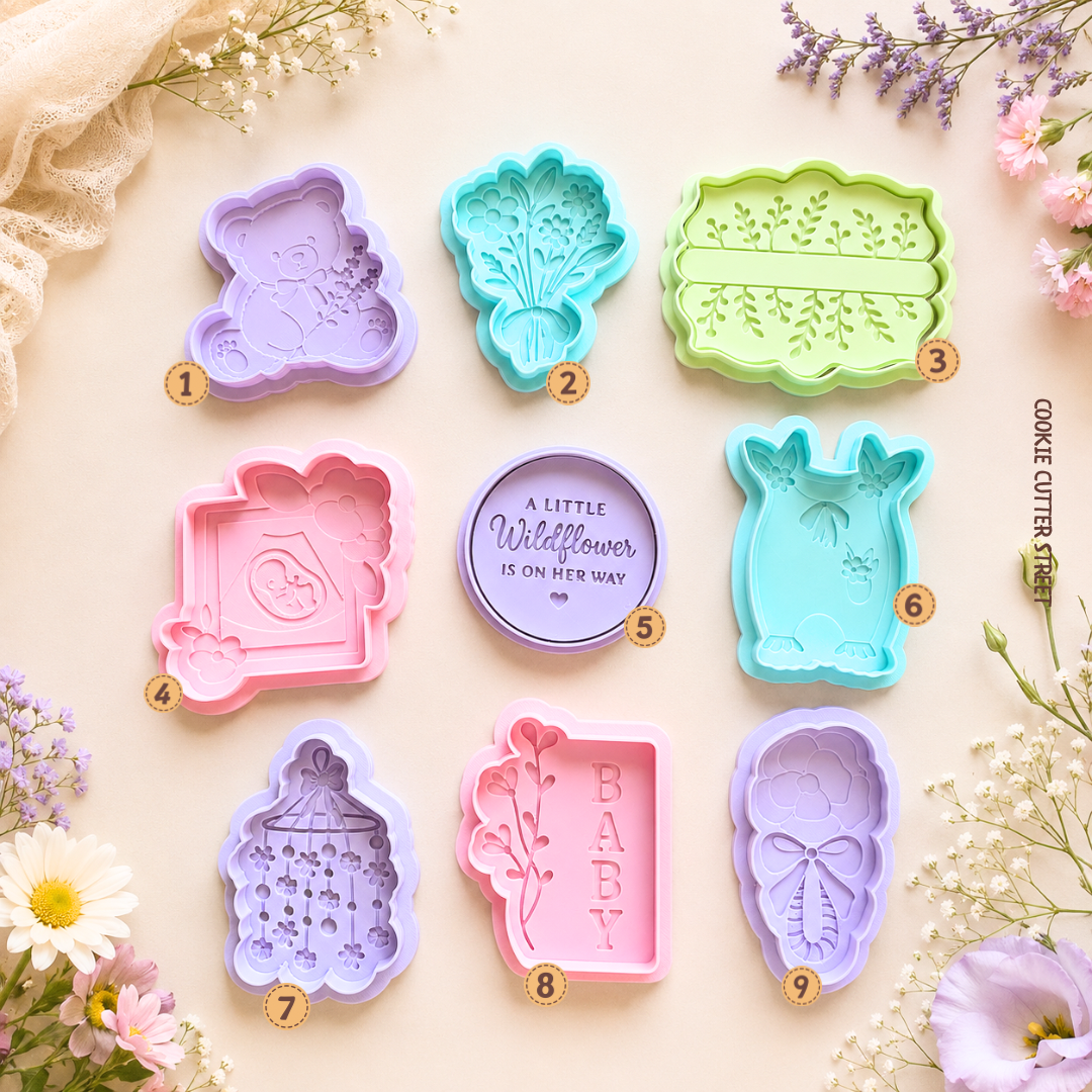 Wildflower baby shower cookie stamp collection featuring multi-level baby designs and raised popout message stamps for elegant baby shower and new baby celebration cookies.