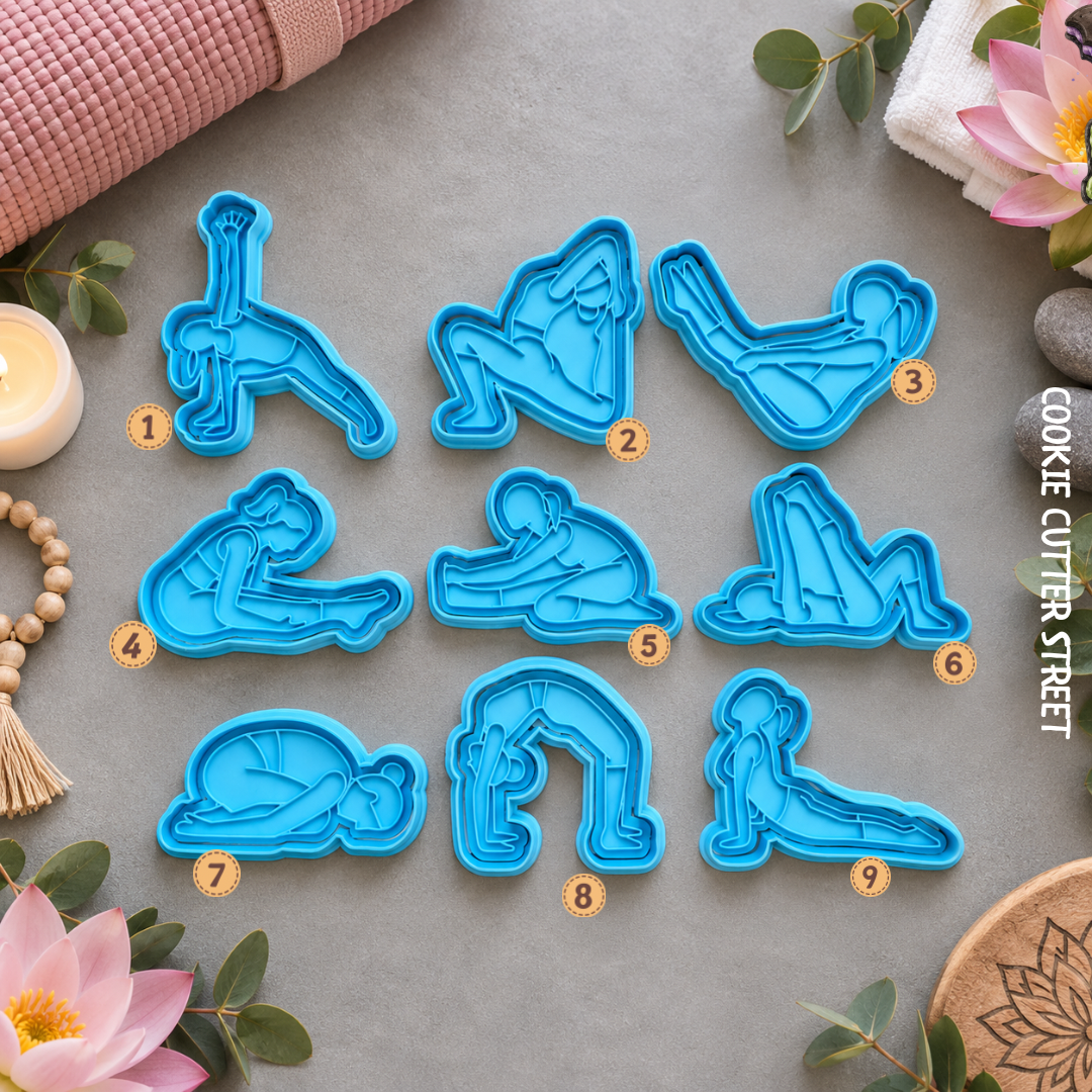 Yoga and Pilates themed cookie cutters and fondant imprint stamps for fitness birthdays, wellness retreats and yoga teacher gifts.